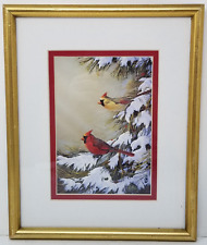 Cardinal Birds Print Pine Tree Snow Frosty Morning Sam Timm Signed Framed picture