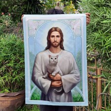 Jesus Loves Cat Fabric Print New Art God Pet Christian Easter Christmas Gift picture