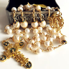 Gold Wire Wrap Bead AAA+ White Real Pearl Catholic Rosary Necklace Cross Box picture