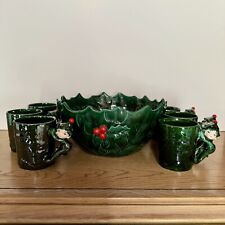 Vintage Lefton Holly Berries Christmas Punch Bowl and 6 Pixie Elf Mug Set SCARCE picture