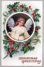 CHRISTMAS - Angel and Holly Christmas Greetings Postcard - 1913 picture