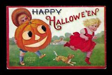 1908 Intl Art Halloween Postcard Large Pumpkin, Children & a Dog Embossed picture