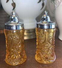 ANTIQUE VTG EAPG Amber Salt & Pepper Shakers Moon And Star picture