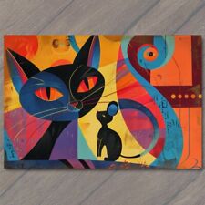 POSTCARD Cat And Mouse Unlikely Friends Colorful Cubism Retro Look Cute Funny picture