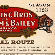 Scarce 1923 Ringling Bros. B&B Circus Route Card Mass RI CT NY Michigan Illinois picture