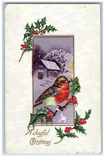 Christmas Postcard Sing Bird Holly Berries House Winter Embossed c1910's Antique picture