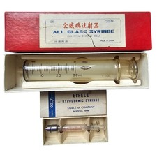 Lot of 2 Vintage Glass Syringes In Boxes Eisele Eco 1cc Insulin & 30ml Luer Lock picture