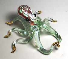 Green Octopus figure figurine handmade blown glass gold trim 4.5