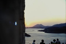 c1970's Kodachrome 35mm Slide, Sunset Ocean Mountains Boat lake orange Horizon picture