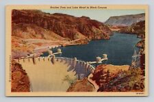 Postcard Boulder Hoover Dam & Lake Mead Nevada, Vintage Linen M8 picture