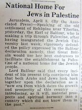 1925 newspaper BALFOUR DECLARATION in support ofA JEWISH NATIONAL HOME Palestine picture