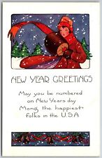 New Years Greetings May you be numbered U.S.A Pretty Woman Embossed Vtg Postcard picture