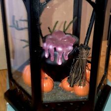 Adorable metal Black lantern encased witches cauldron & broom lighted Halloween picture