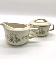 Vtg 1970s Ceramic Temper-Ware by Lenox Sandpiper Sugar Bowl w/Lid and Creamer picture