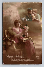 French WWI Era Postcard Romance Pensee a l'Absent Soldier Hand Tinted picture