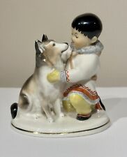 Lomonosov Porcelain Vintage Figurine USSR Siberia Eskimo Yakut Boy w/ Husky Dog picture