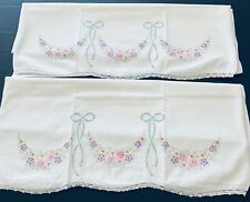 Stunning Flaw Free * Pair of Floral Swag Embroidered Standard Size Pillow Cases picture