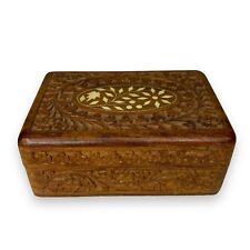 Vintage Hand Carved Wooden Jewelry Trinket 6” Box Made in India Inlaid Florals picture