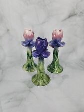 Vintage Iris Flower Candlesticks Italy Handpainted Porcelain Set Of 3  picture