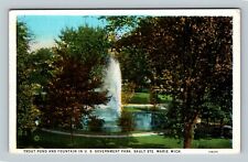 Sault Saint Marie, Government Park Trout Pond Fountain Michigan Vintage Postcard picture