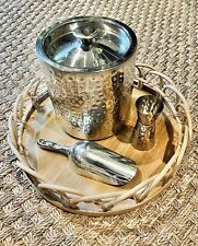 Vintage 1970s Chrome Cocktail Bar Set-Ice Bucket-Scoop-Jigger-Wood & Wicker Tray picture