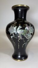 Vintage Black Enameled BRASS VASE with Inlaid MOTHER picture
