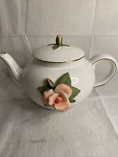 Teleflora Vintage White W/ Gold Trim Teapot with Applied Ceramic Roses 1.25 qt picture
