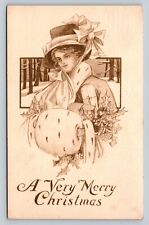 c1916 Fancy & Festive Woman In Winter Scene Merry Christmas ANTIQUE Postcard picture