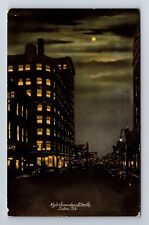 Dallas TX-Texas, Night Scene, Moonlight Along Elm St, Antique, Vintage Postcard picture