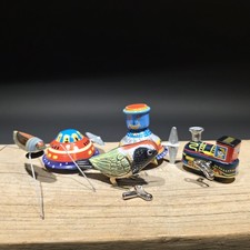 Vintage Tin Litho Wind-Up 5 Toy Lot – Robot UFO Bird Train Cricket picture
