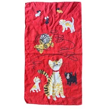 Vintage MCM Tammis Keefe Cat Tea Towel Mid Century Linen Feline Genetics Red picture