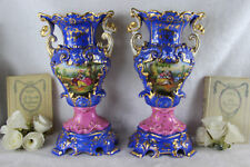 PAIR large VIEUX PARIS romantic decor hand paint floral Vases Satyr heads  picture