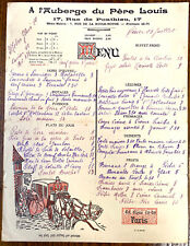 1930~A l'Auberge du Pere Louis, Paris France Handwritten Menu/with Wine List picture