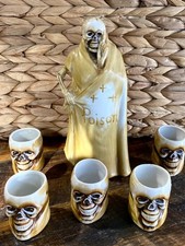 Vintage Shofu Grim Reaper Poison Sake Decanter Porcelain Japan W/ 5 Skull Cups picture