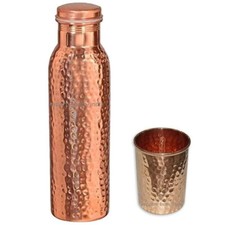 100% Pure Copper Hammered Water Bottle 1000 ml 1 Drinking Tumbler Glass 300 ml picture