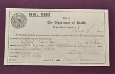1913 Burial Permit Premature Birth NY State Prison for Women 