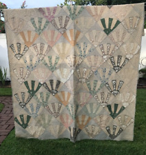 Antique Cutter Quilt Grandmothers Fan Feedsack Tattered Repurpose Handstitched picture