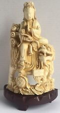 Vintage Asian Goddess-Foo Dog Craved Figurine On Wooden Base picture