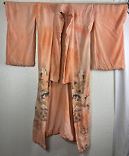 Vintage Kimono Japanese Open Front Robe Coral Peach Cranes Red Embroidery Lined  picture