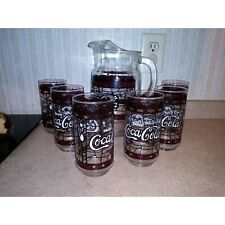 Vintage Coca Cola Large Glass Pitcher And 6 Drinking Glasses Tiffany Style... picture