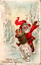 Old World Santa Claus Riding Polar Bear Best Christmas Wishes 1909 Postcard Xmas picture