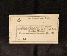 1935 Freemasonry Masonic Membership Card, Sheridan, Missouri - Defiance Lodge  picture