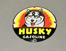 VINTAGE DOMED 12” HUSKY DOG PORCELAIN SIGN CAR GAS OIL picture