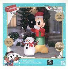 6' ANIMATED MICKEY MOUSE PUTTING HAT ON SNOWMAN Airblown Lighted Yard Inflatable picture