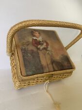 Vintage Woven Wicker Sewing Basket Box Tapestry Boy w/Dog Large liner C. Bremont picture