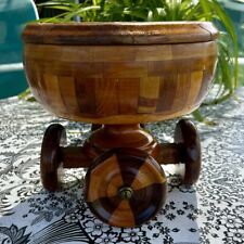Vintage Parquet Box Round With Lid 4 Wheel Base Large MCM Rare Handmade Marked picture