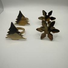 Christmas Tree & Snowflake Golden Tone Brass Napkin Ring Holders Set Of 4 picture