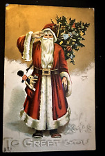 Long Red Robe Santa Claus Salutes with Tree~Doll~Antique Christmas Postcard~k524 picture