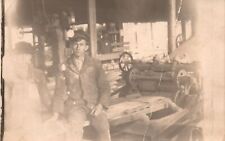 Woodworking Mill, Two Men Dirty Clothes at Work Real Photo RPPC Vintage Postcard picture