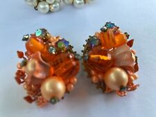 vintage estate orange bead cluster clip on earrings picture